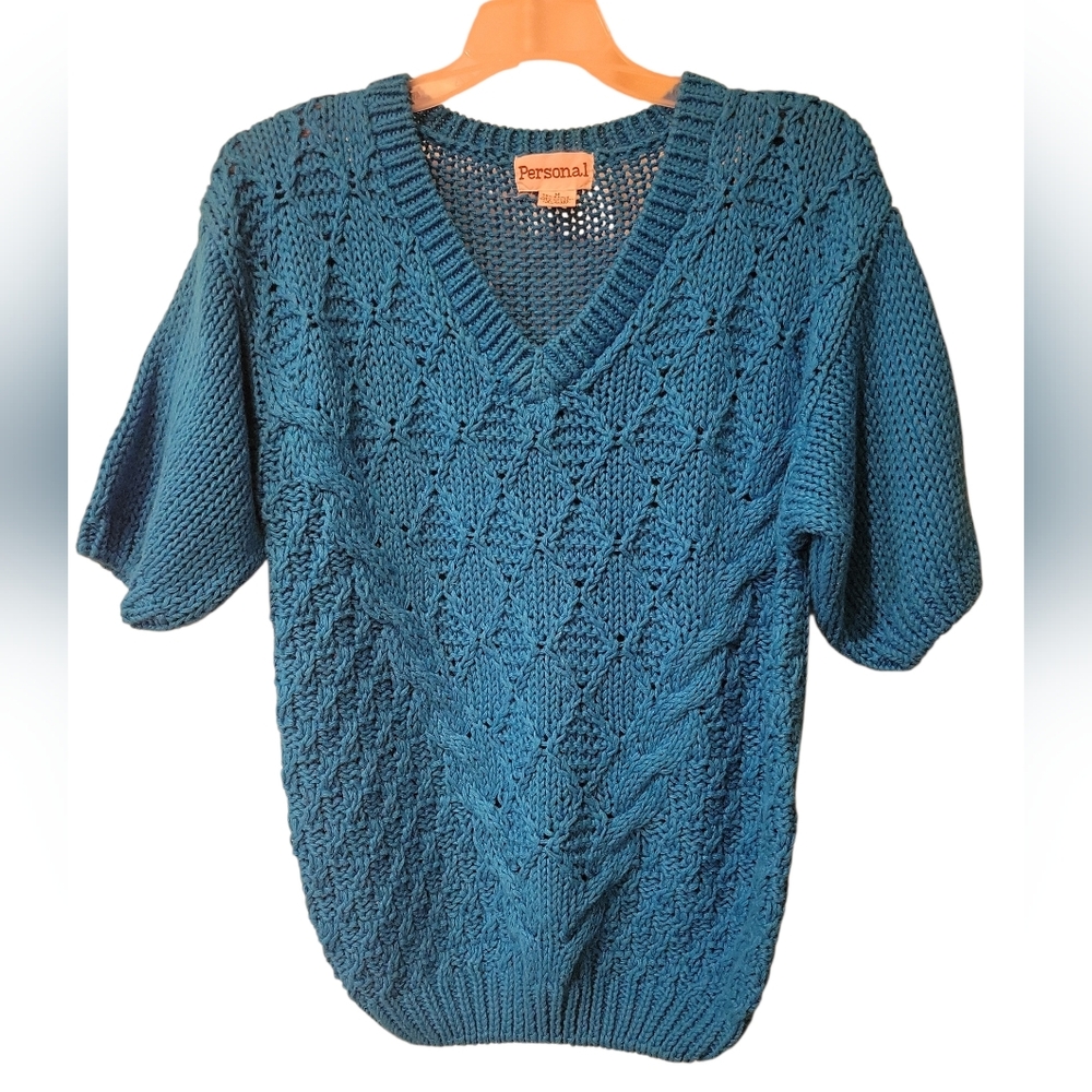 Vintage Teal Blue Chunky Knit Short Sleeve Sweater